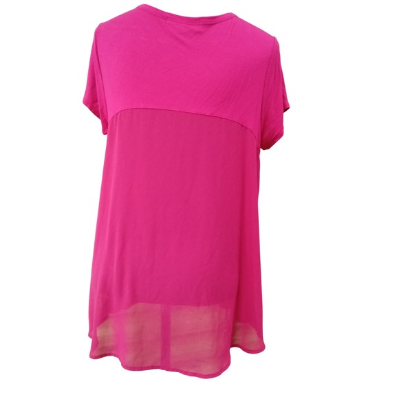 Ellen Tracy Top MED Fuchsia Pink Mixed Media Sheer Back Stretch Short Sl Tunic - Picture 6 of 6